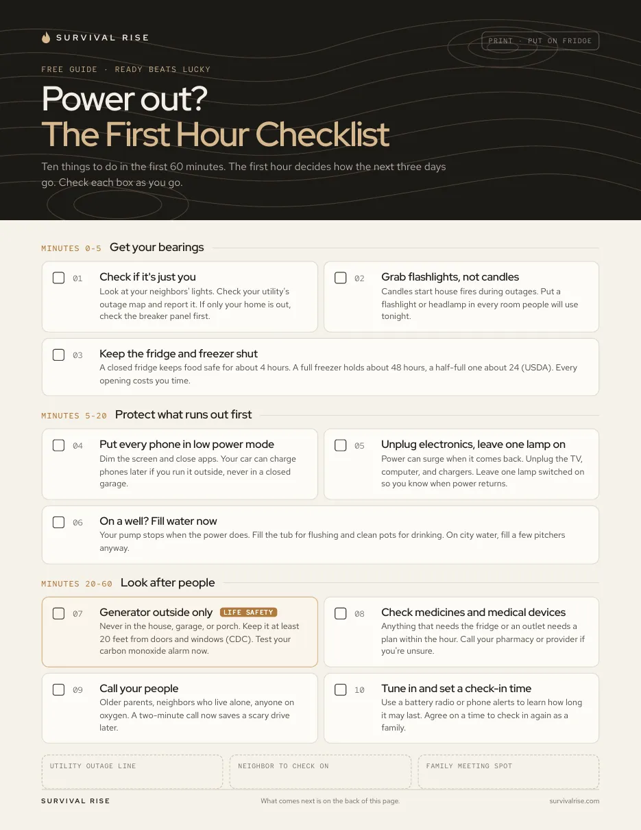 Preview of The First Hour Checklist, a printable page with ten numbered steps for the first hour of a power outage.